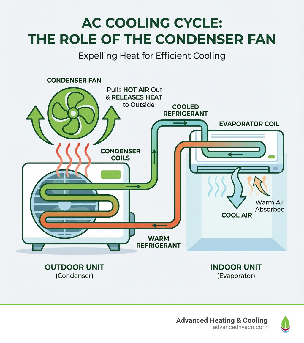 Infographic showing the AC cooling cycle with condenser fan pulling hot air away from condenser coils, releasing heat to the outside while the refrigerant cools and returns to the indoor evaporator coil - ac condenser fan replacement infographic 
