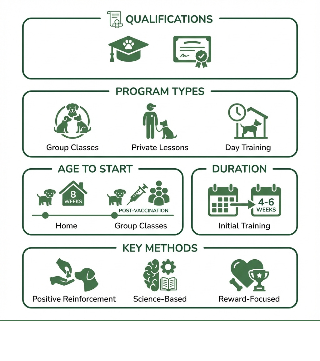 Infographic showing professional puppy trainer qualifications, typical program types (group classes, private lessons, day training), age to start training (8 weeks at home, after vaccinations for group classes), average program duration (4-6 weeks for initial training), and key training methods used by Austin's top trainers (positive reinforcement, science-based, reward-focused) - professional puppy trainer austin infographic Infographic showing professional puppy trainer qualifications, typical program types (group classes, private lessons, day training), age to start training (8 weeks at home, after vaccinations for group classes), average program duration (4-6 weeks for initial training), and key training methods used by Austin's top trainers (positive reinforcement, science-based, reward-focused) - professional puppy trainer austin infographic
