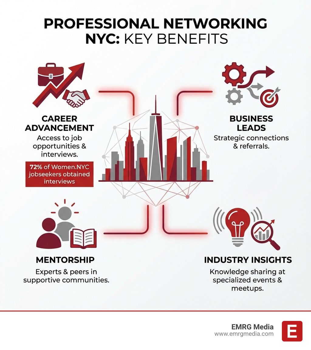 Infographic showing the four key benefits of professional networking in NYC: Career Advancement through access to job opportunities and interviews (72% of Women.NYC jobseekers obtained interviews), Business Leads via strategic connections and referrals, Mentorship from industry experts and peers in supportive communities, and Industry Insights through knowledge sharing at specialized events and meetups - Professional networking NYC infographic Infographic showing the four key benefits of professional networking in NYC: Career Advancement through access to job opportunities and interviews (72% of Women.NYC jobseekers obtained interviews), Business Leads via strategic connections and referrals, Mentorship from industry experts and peers in supportive communities, and Industry Insights through knowledge sharing at specialized events and meetups - Professional networking NYC infographic