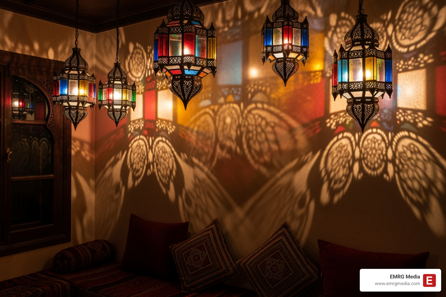 intricate Moroccan lanterns casting patterns on a wall - Moroccan themed event intricate Moroccan lanterns casting patterns on a wall - Moroccan themed event