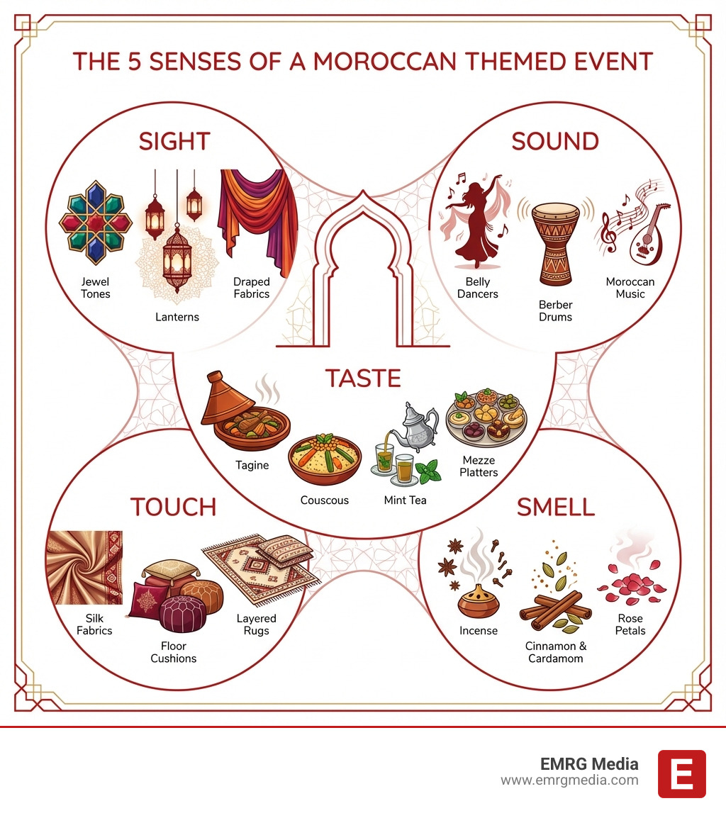 Infographic showing the five key senses of a Moroccan themed event: Sight features jewel tones, lanterns, and draped fabrics; Sound includes belly dancers, Berber drums, and Moroccan music; Taste offers tagine, couscous, mint tea, and mezze platters; Touch incorporates silk fabrics, floor cushions, and layered rugs; Smell uses incense, cinnamon, cardamom, and rose petals - Moroccan themed event infographic Infographic showing the five key senses of a Moroccan themed event: Sight features jewel tones, lanterns, and draped fabrics; Sound includes belly dancers, Berber drums, and Moroccan music; Taste offers tagine, couscous, mint tea, and mezze platters; Touch incorporates silk fabrics, floor cushions, and layered rugs; Smell uses incense, cinnamon, cardamom, and rose petals - Moroccan themed event infographic