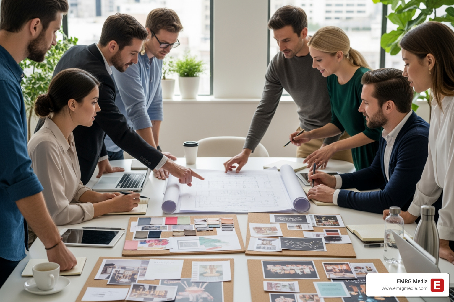 diverse team of event planners collaborating around a table with blueprints and mood boards - Corporate event planning NYC diverse team of event planners collaborating around a table with blueprints and mood boards - Corporate event planning NYC