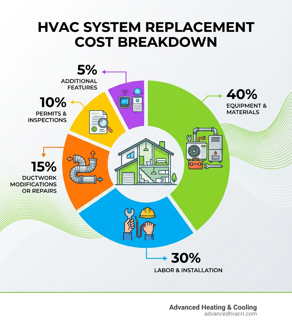 Infographic showing HVAC replacement cost breakdown: 40% equipment and materials, 30% labor and installation, 15% ductwork modifications or repairs, 10% permits and inspections, 5% additional features like thermostats or air purifiers - HVAC system replacement cost infographic 