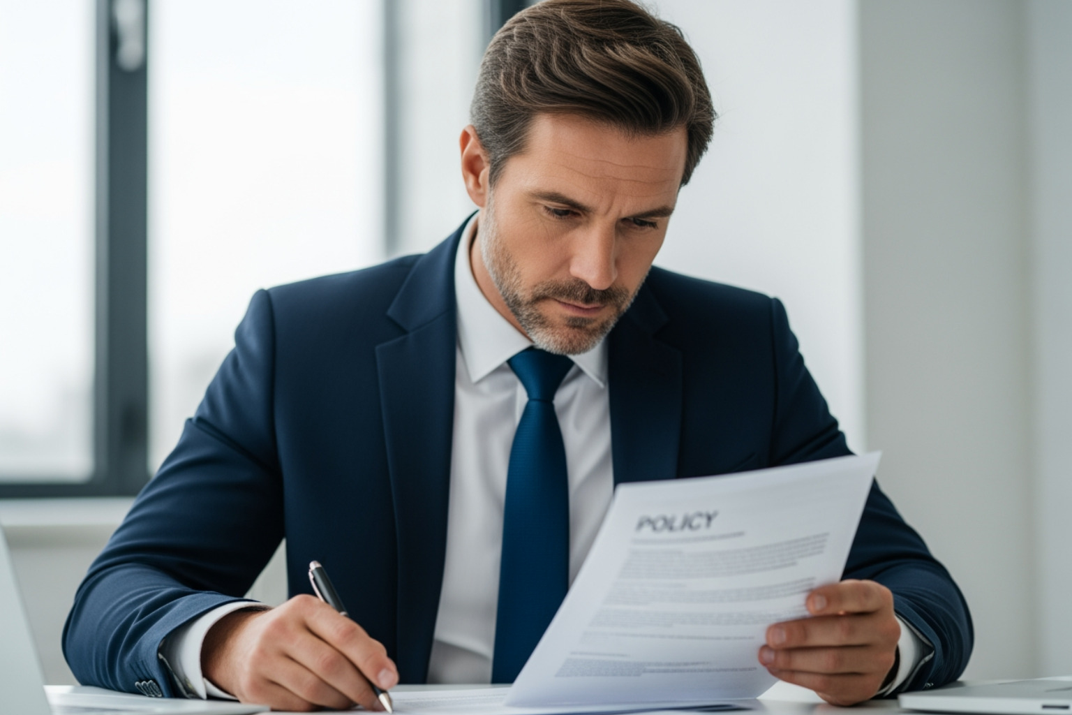 Leader Thoughtfully Reviewing A Policy Document In Their Office - Benefits Of Workplace Investigations Leader Thoughtfully Reviewing A Policy Document In Their Office - Benefits Of Workplace Investigations