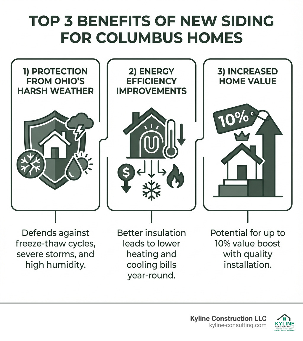 Infographic showing the top 3 benefits of new siding for Columbus homes: 1) Protection from Ohio's harsh weather (freeze-thaw cycles, storms, humidity), 2) Energy efficiency improvements leading to lower heating and cooling bills, 3) Increased home value by up to 10% with quality installation - Siding contractor Columbus infographic 