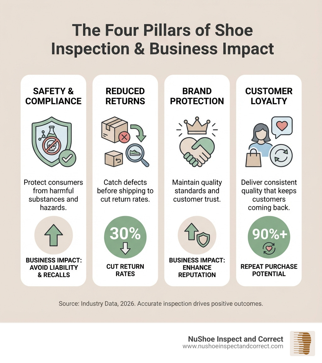 Infographic showing four pillars of shoe inspection: Safety & Compliance (protect consumers from harmful substances and hazards), Reduced Returns (catch defects before shipping to cut return rates by 30%), Brand Protection (maintain quality standards and customer trust), and Customer Loyalty (deliver consistent quality that keeps customers coming back). Each pillar includes icons and percentage metrics showing impact on business outcomes. - shoe inspection company infographic Infographic showing four pillars of shoe inspection: Safety & Compliance (protect consumers from harmful substances and hazards), Reduced Returns (catch defects before shipping to cut return rates by 30%), Brand Protection (maintain quality standards and customer trust), and Customer Loyalty (deliver consistent quality that keeps customers coming back). Each pillar includes icons and percentage metrics showing impact on business outcomes. - shoe inspection company infographic