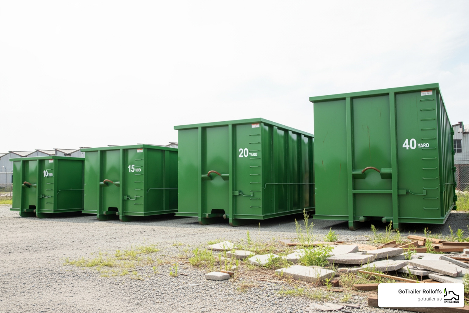 different sized GoTrailer Rolloffs dumpsters (10, 15, 20, 30, 40 yard) side-by-side for comparison - dumpster for renovation different sized GoTrailer Rolloffs dumpsters (10, 15, 20, 30, 40 yard) side-by-side for comparison - dumpster for renovation