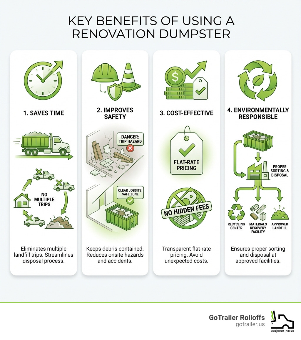 Infographic showing four key benefits of using a dumpster for renovation: Saves Time by eliminating multiple landfill trips, Improves Safety by keeping debris contained and jobsites clear, Cost-Effective with flat-rate pricing and no hidden fees, and Environmentally Responsible through proper sorting and disposal at approved facilities - dumpster for renovation infographic Infographic showing four key benefits of using a dumpster for renovation: Saves Time by eliminating multiple landfill trips, Improves Safety by keeping debris contained and jobsites clear, Cost-Effective with flat-rate pricing and no hidden fees, and Environmentally Responsible through proper sorting and disposal at approved facilities - dumpster for renovation infographic