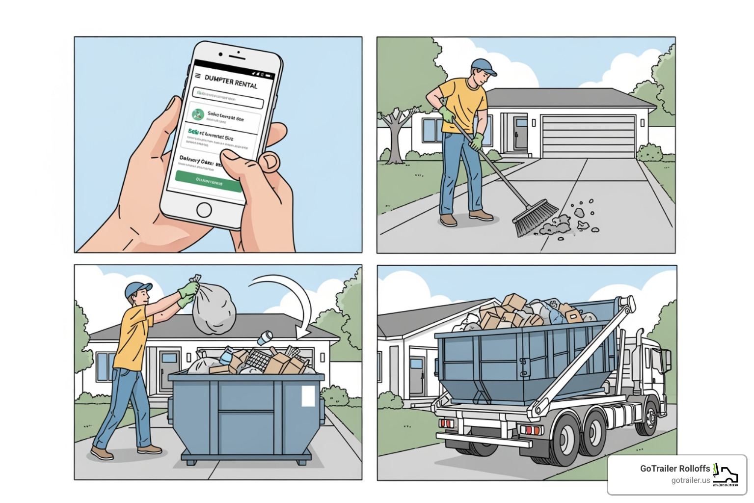 simple 4-step rental process: Order, Prepare, Fill, Pickup - dumpster for renovation simple 4-step rental process: Order, Prepare, Fill, Pickup - dumpster for renovation