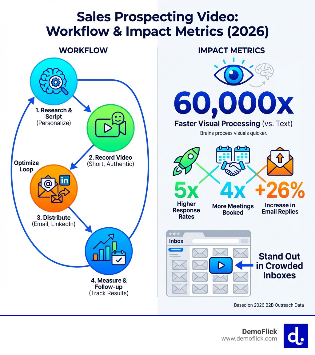 infographic showing sales prospecting video workflow and impact metrics - Sales prospecting video infographic infographic showing sales prospecting video workflow and impact metrics - Sales prospecting video infographic