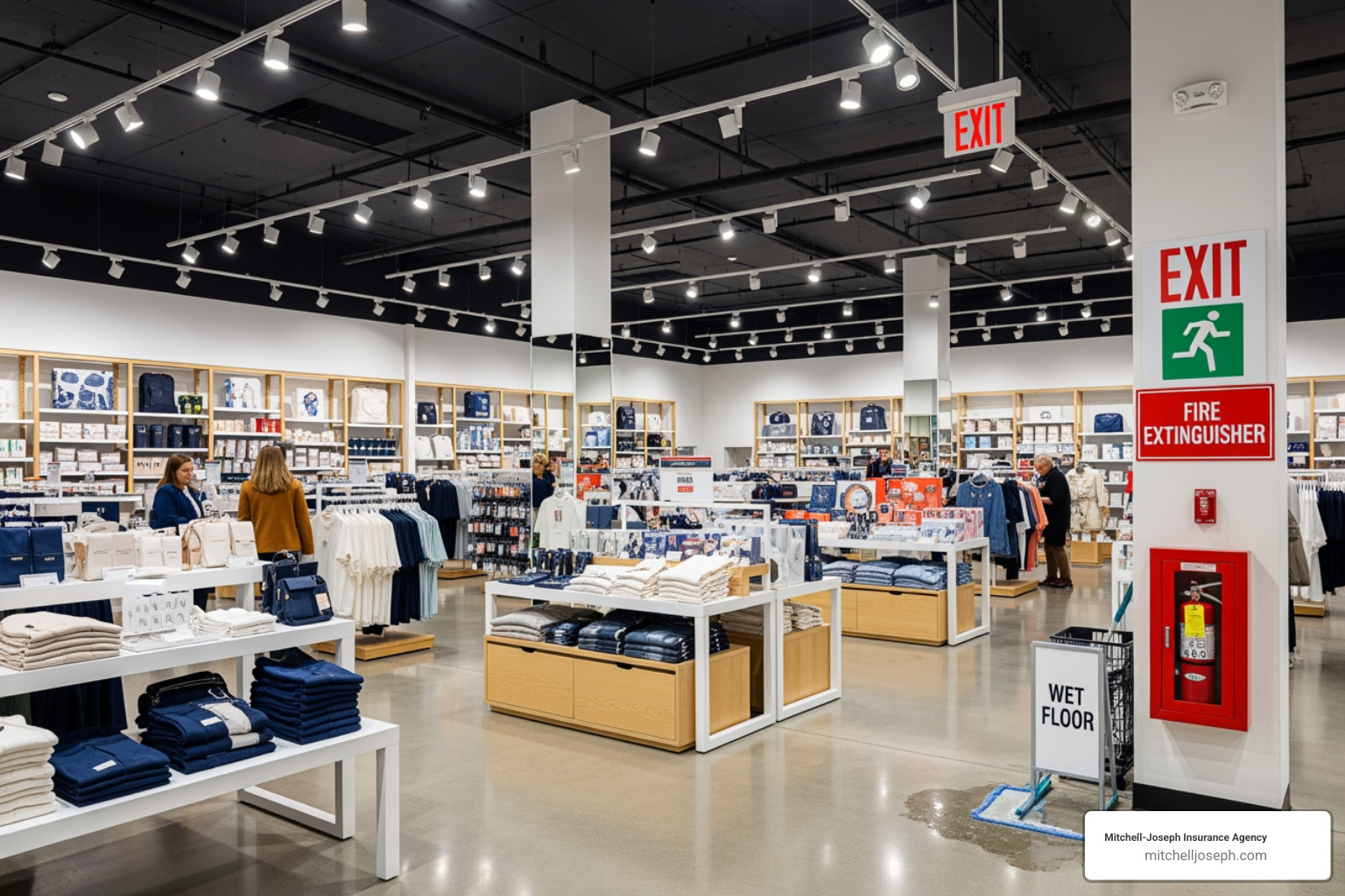 Image of a clean, well-lit retail space with safety signs - business insurance cost Image of a clean, well-lit retail space with safety signs - business insurance cost