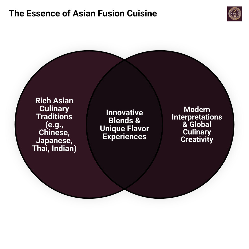 Infographic showing Asian Fusion concept: circular diagram with five cuisine types (Chinese, Japanese, Thai, Vietnamese, and Indian) connected by arrows pointing to center circle labeled "Asian Fusion." Each cuisine shows 2-3 signature elements like "Wok Techniques" for Chinese, "Sushi & Sashimi" for Japanese, "Aromatic Herbs" for Thai, "Fresh Ingredients" for Vietnamese, and "Bold Spices & Tandoor" for Indian. Bottom section highlights "Indian Fusion Specialty" with examples like Tandoori-spiced sushi, Curry-infused noodles, and Masala duck preparations. - new asian fusion restaurant near me infographic venn_diagram