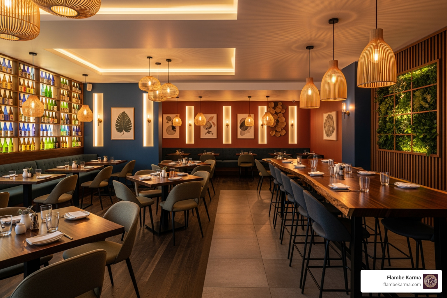 Flambe Karma’s cozy and stylish restaurant interior, featuring warm lighting and modern decor. - new asian fusion restaurant near me