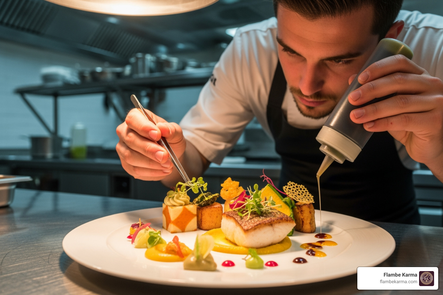 A Flambe Karma chef artfully plating a dish, showcasing precision and creativity. - new asian fusion restaurant near me