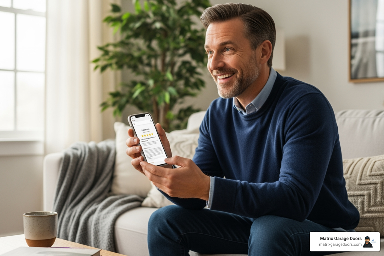Homeowner reading positive online reviews on a smartphone - garage door repair in lancaster Homeowner reading positive online reviews on a smartphone - garage door repair in lancaster