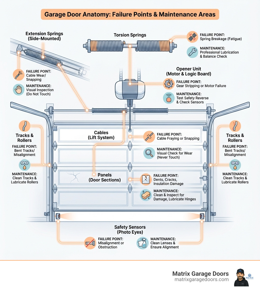 Infographic showing the anatomy of a garage door system including torsion springs, extension springs, tracks, rollers, opener unit, safety sensors, cables, and panels with labels indicating common failure points and maintenance areas - garage door repair in lancaster infographic Infographic showing the anatomy of a garage door system including torsion springs, extension springs, tracks, rollers, opener unit, safety sensors, cables, and panels with labels indicating common failure points and maintenance areas - garage door repair in lancaster infographic