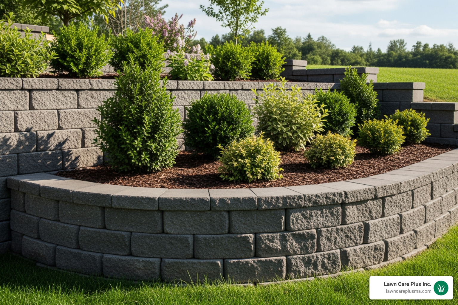 A modern segmental retaining wall made of grey concrete blocks, creating a raised garden bed with neatly trimmed shrubs - retaining wall builders