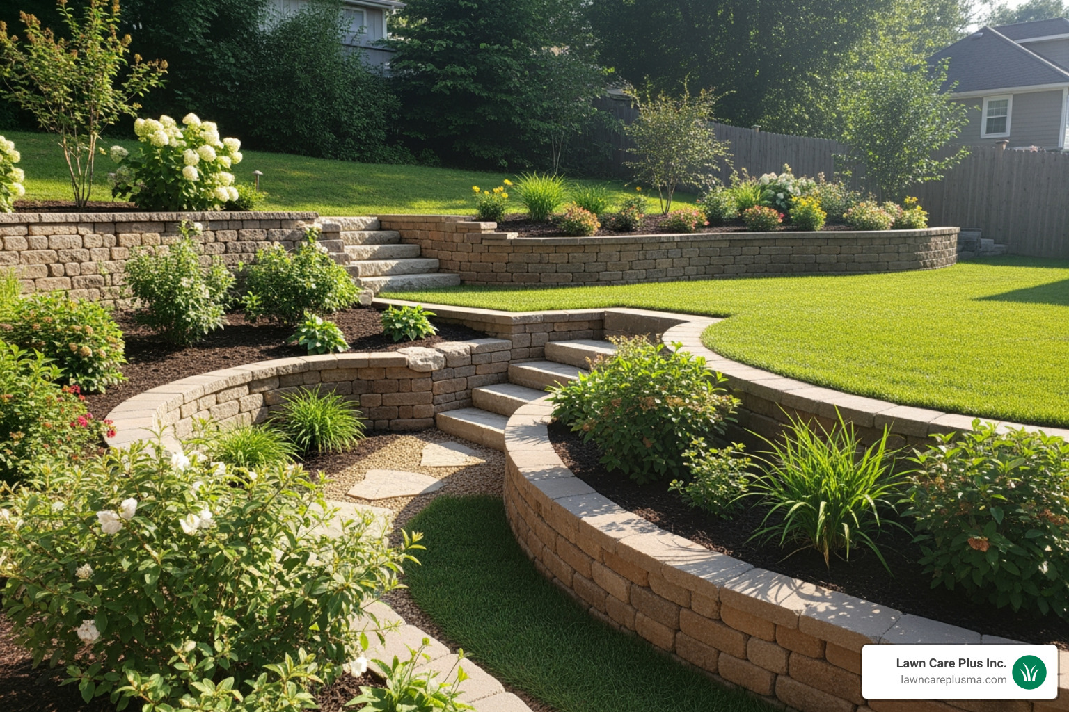 A sloped yard transformed into a flat, usable lawn with a multi-tiered retaining wall made of natural stone blocks, featuring lush greenery and a small pathway - retaining wall builders