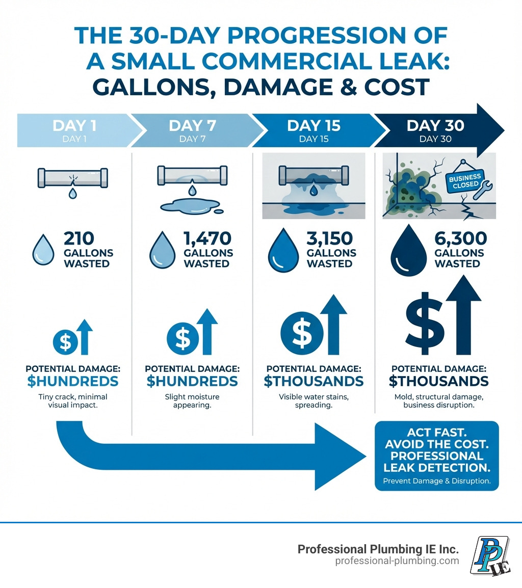 infographic showing the progression of a small commercial leak over 30 days: day 1 shows a tiny 1/32-inch crack with 210 gallons wasted, day 7 shows 1,470 gallons wasted with slight moisture appearing, day 15 shows 3,150 gallons wasted with visible water stains, and day 30 shows 6,300 gallons wasted with mold growth, structural damage, and business disruption, with dollar amounts escalating from hundreds to thousands in potential damage - commercial leak detection near me infographic infographic showing the progression of a small commercial leak over 30 days: day 1 shows a tiny 1/32-inch crack with 210 gallons wasted, day 7 shows 1,470 gallons wasted with slight moisture appearing, day 15 shows 3,150 gallons wasted with visible water stains, and day 30 shows 6,300 gallons wasted with mold growth, structural damage, and business disruption, with dollar amounts escalating from hundreds to thousands in potential damage - commercial leak detection near me infographic
