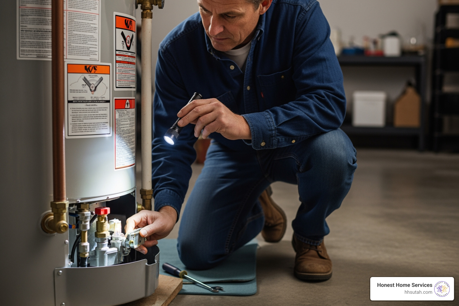 homeowner inspecting the pilot light assembly on a gas water heater - gas hot water heater repair homeowner inspecting the pilot light assembly on a gas water heater - gas hot water heater repair