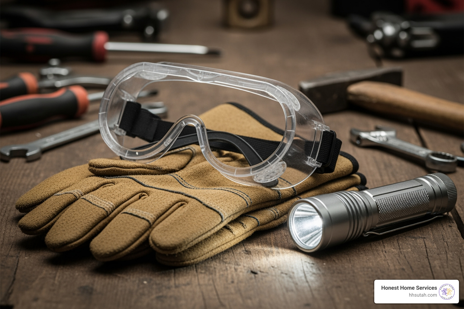 safety gear including gloves, goggles, and a flashlight - gas hot water heater repair safety gear including gloves, goggles, and a flashlight - gas hot water heater repair