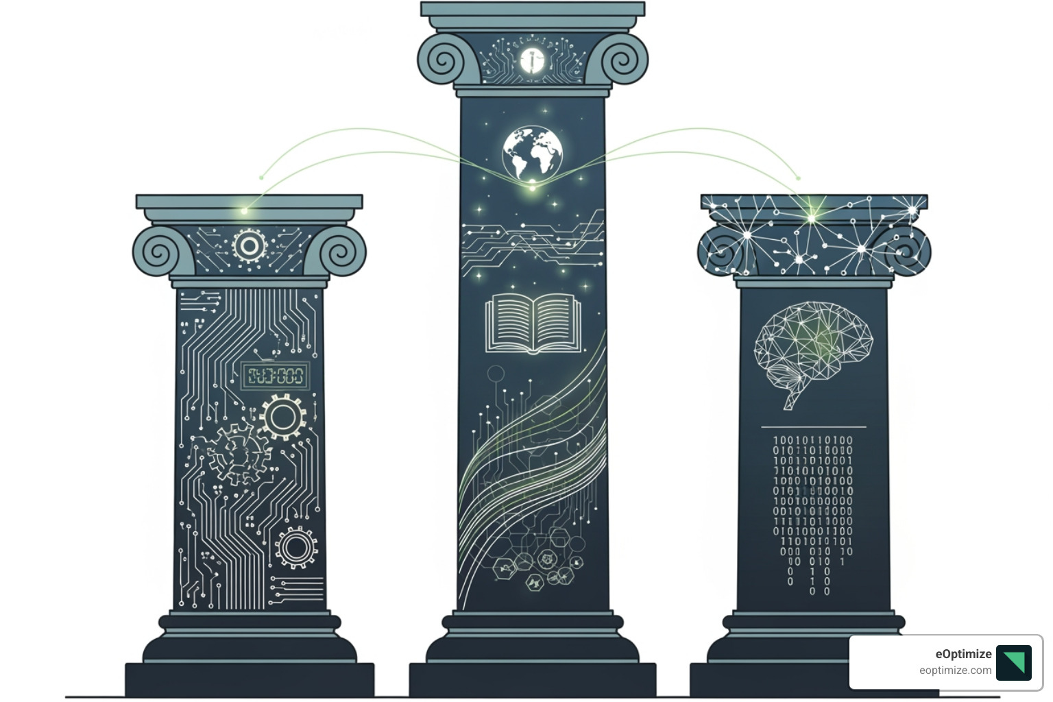 diagram showing the three pillars of modern SEO: Technical, Content, and AI-Optimization - search engine optimization solution