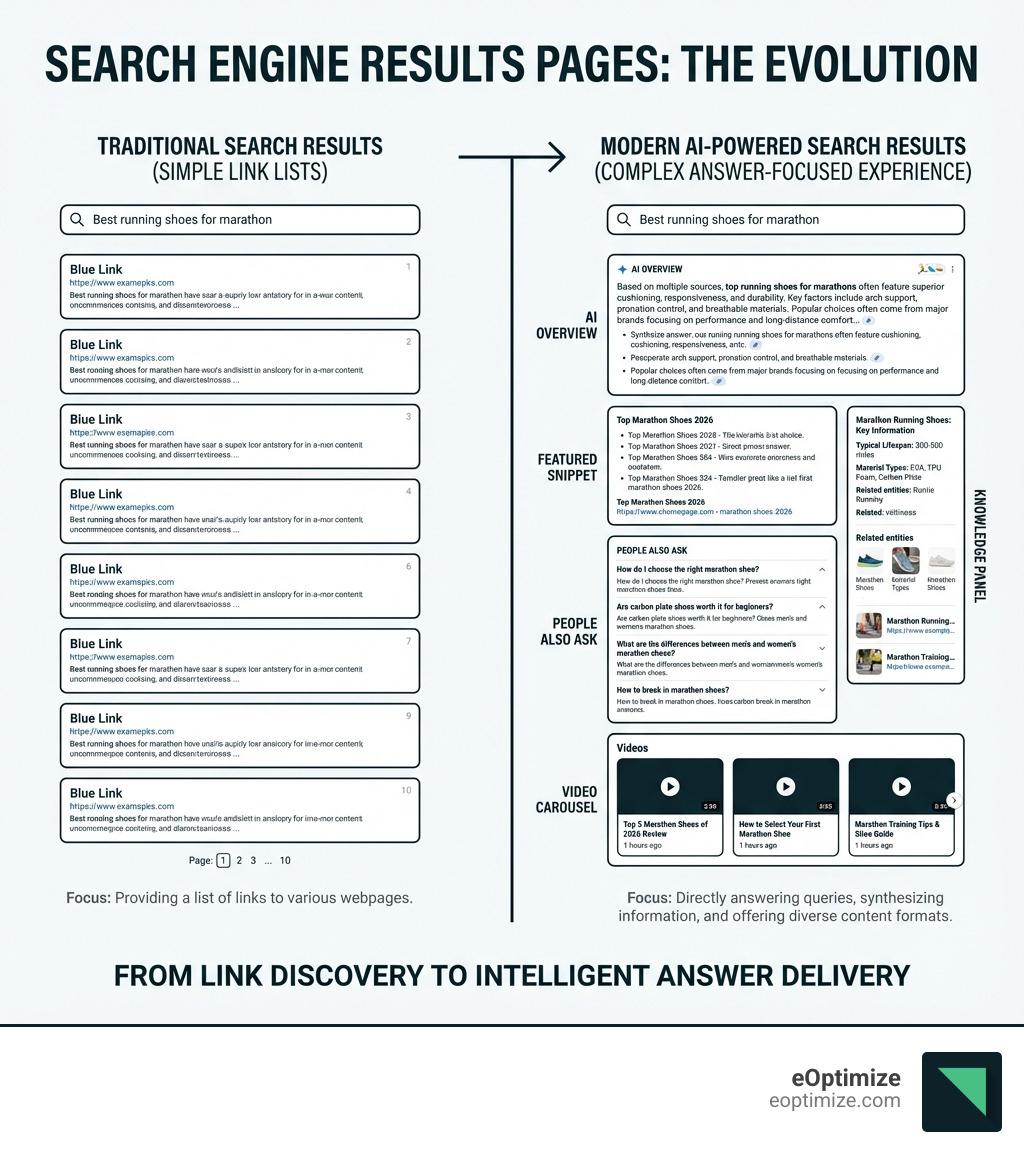 Infographic comparing traditional search results showing 10 blue links with modern AI-powered search results featuring AI Overviews, featured snippets, People Also Ask boxes, knowledge panels, and video carousons, illustrating how search engine results pages have evolved from simple link lists to complex answer-focused experiences - search engine optimization solution infographic 