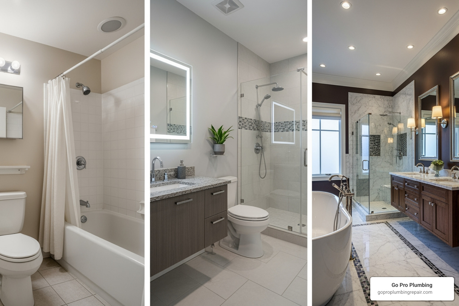 three different bathrooms: one basic, one mid-range, and one luxury - approximate cost of bathroom remodel