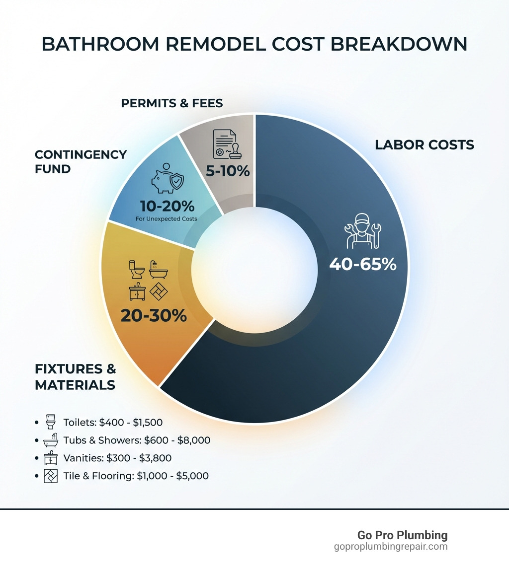 infographic showing bathroom remodel cost breakdown: 40-65% labor costs, 20-30% fixtures and materials including toilets ($400-$1,500), tubs and showers ($600-$8,000), vanities ($300-$3,800), tile and flooring ($1,000-$5,000), 5-10% permits and fees, 10-20% contingency fund for unexpected costs - approximate cost of bathroom remodel infographic 