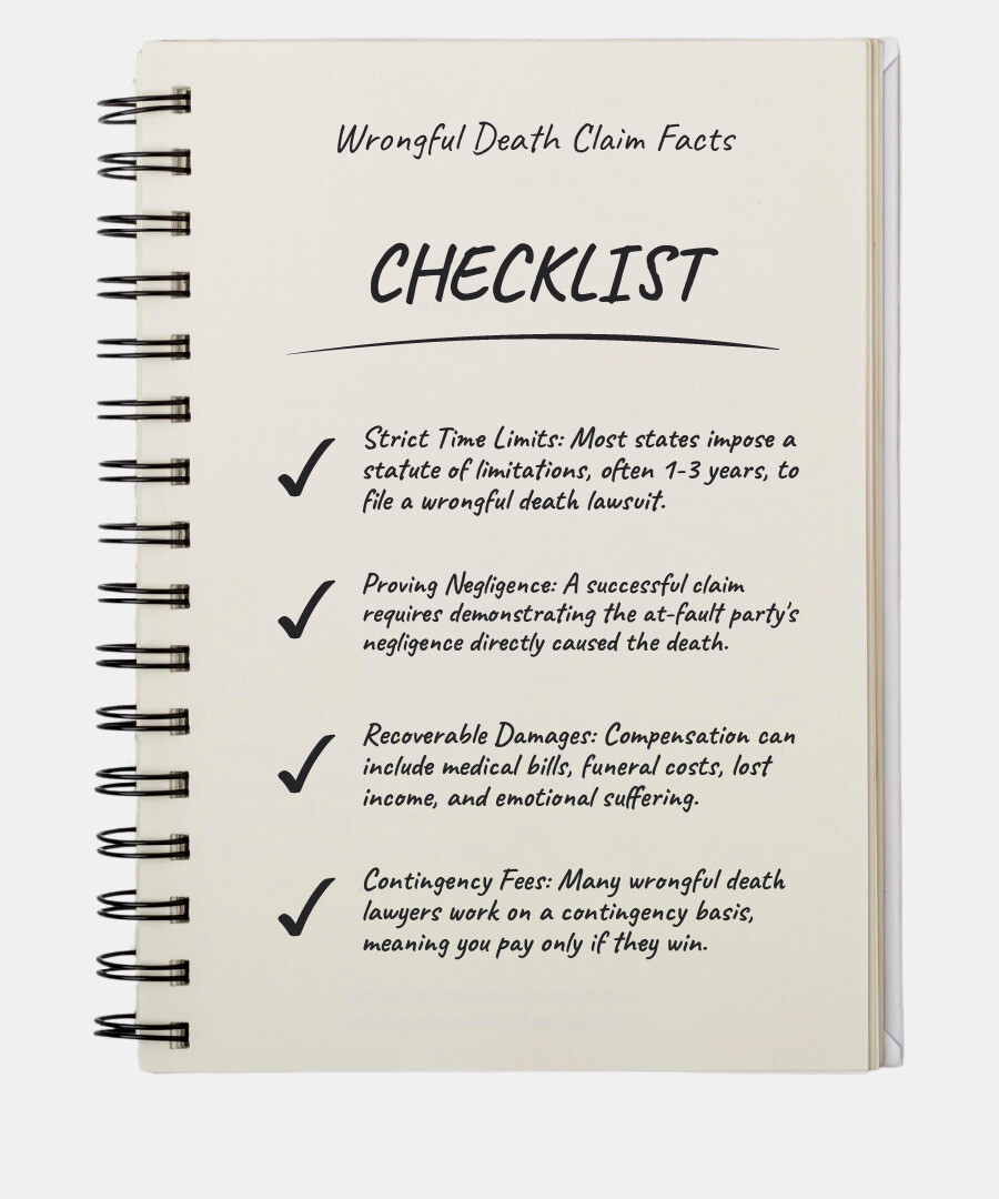 infographic showing the key elements of a wrongful death claim in Georgia: who can file (surviving spouse, children, or estate representative), common causes (car accidents, trucking collisions, medical malpractice, defective products, workplace negligence, premises liability), types of recoverable damages (economic such as lost wages and medical expenses, non-economic such as loss of companionship and guidance, and punitive damages in cases of egregious conduct), and the two-year statute of limitations from date of death - Wrongful death lawyer infographic 4_facts_emoji_light-gradient