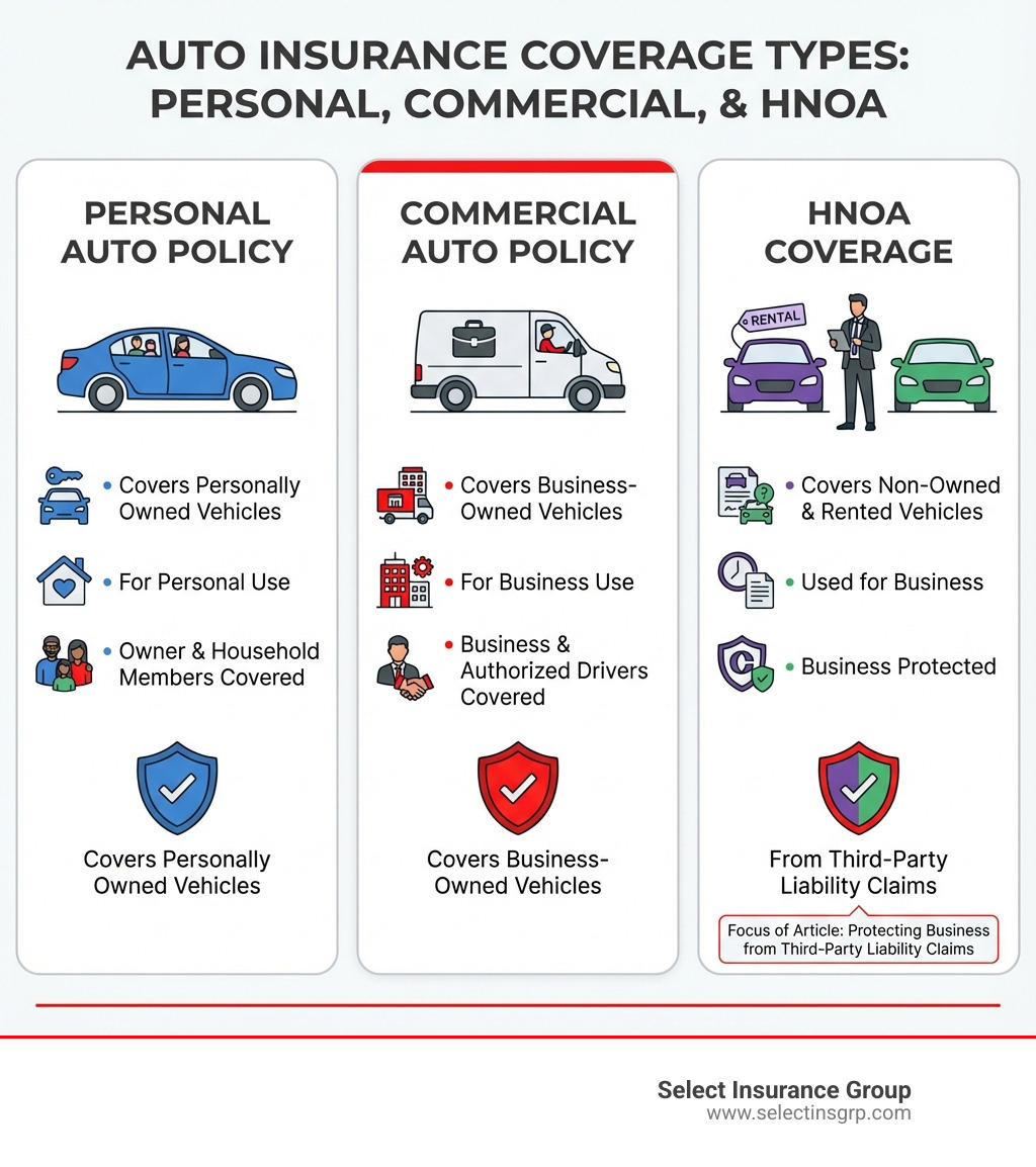infographic showing three insurance types: Personal Auto Policy covers personally owned vehicles for personal use with the owner and household members covered, Commercial Auto Policy covers business-owned vehicles for business use with the business and authorized drivers covered, and HNOA Coverage covers non-owned and rented vehicles used for business with the business protected from third-party liability claims - hired and non owned automobile coverage infographic 