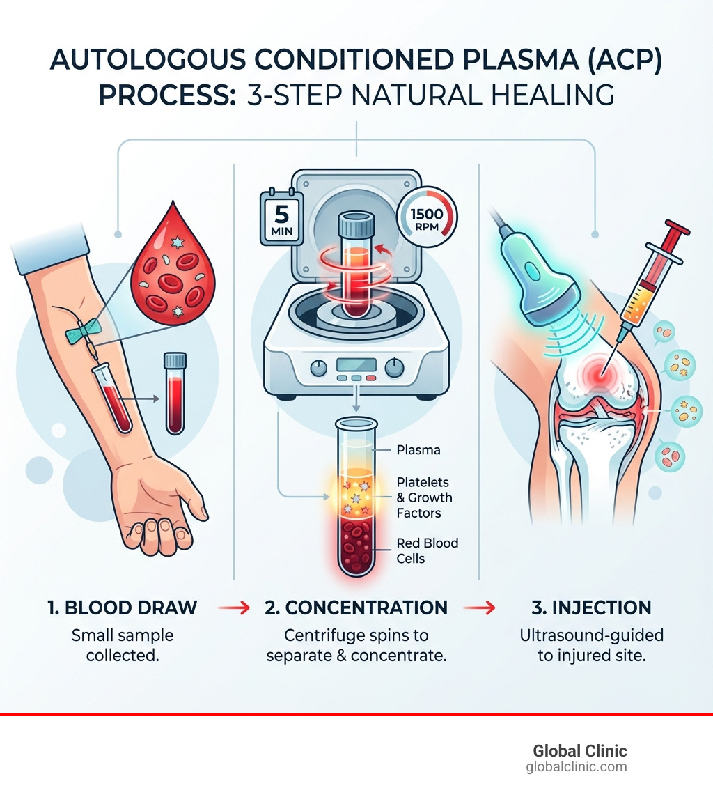 infographic showing the three-step ACP process: 1) A small blood sample is drawn from the patient's arm, 2) The blood is placed in a specialized centrifuge system that spins for 5 minutes at 1500 RPM to concentrate platelets and growth factors while separating red blood cells, 3) The concentrated platelet-rich plasma is precisely injected into the injured joint or tendon using ultrasound guidance to promote natural healing - autologous conditioned plasma injection infographic 