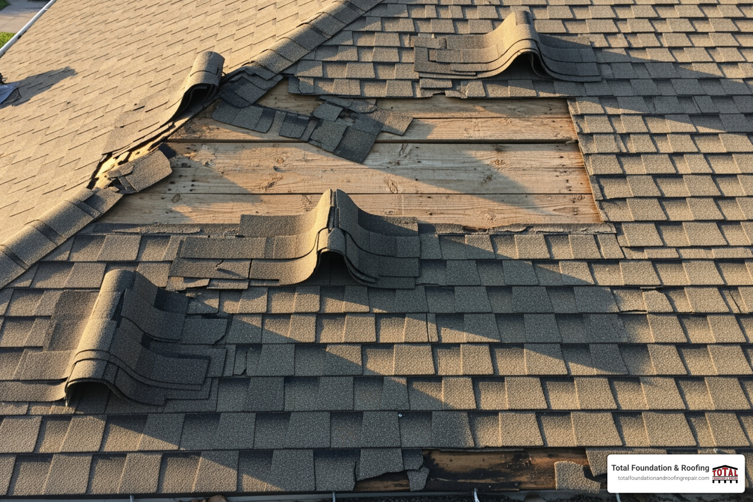 image of curled and missing asphalt shingles - roof repair in my area