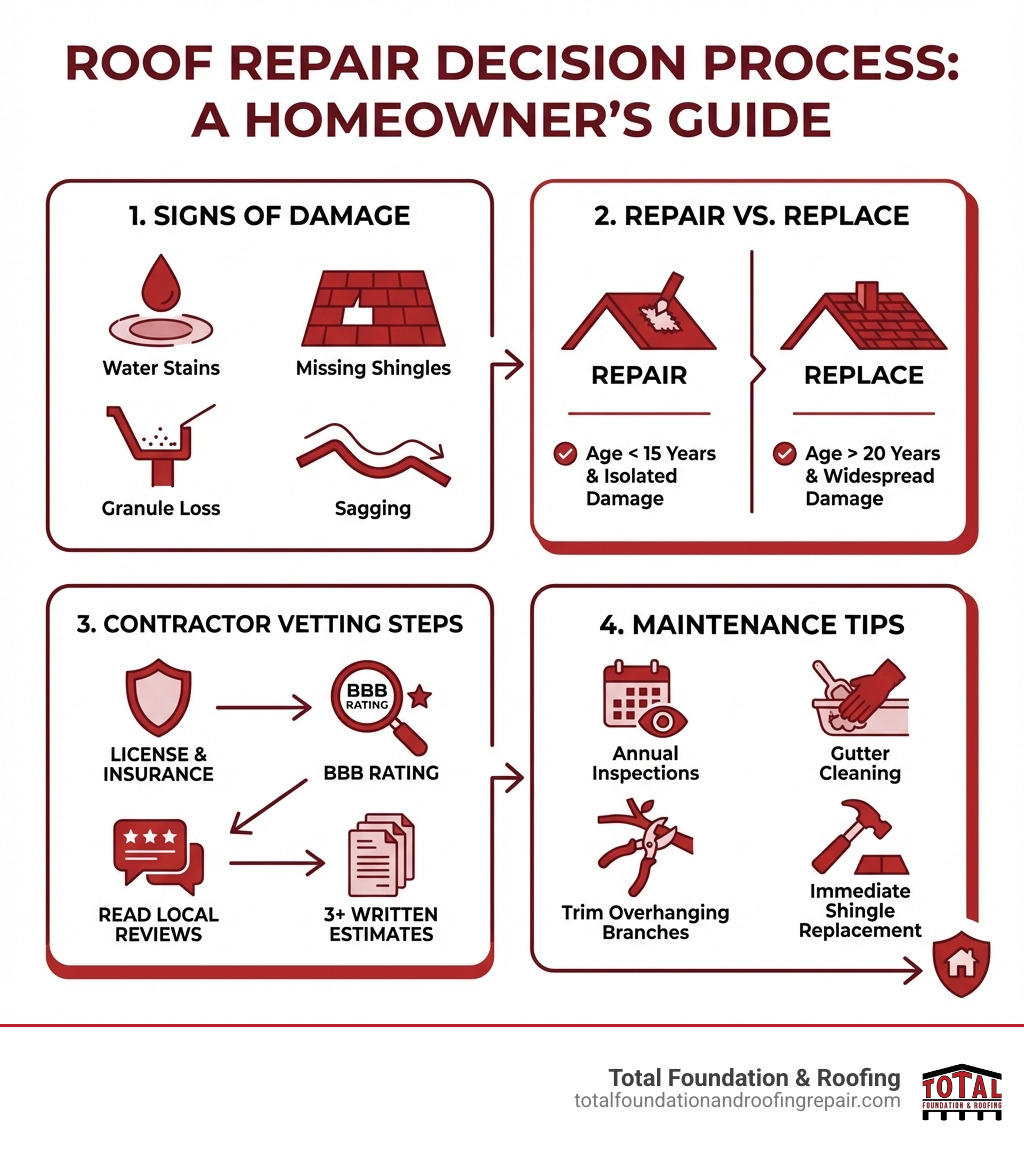 Infographic showing the complete roof repair decision process: signs of damage (water stains, missing shingles, granule loss, sagging), when to repair vs replace (age under 15 years and isolated damage = repair, age over 20 years or widespread damage = replace), contractor vetting steps (verify license and insurance, check BBB rating, read local reviews, get 3+ written estimates), and maintenance tips (annual inspections, gutter cleaning, trim overhanging branches, immediate shingle replacement) - roof repair in my area infographic 