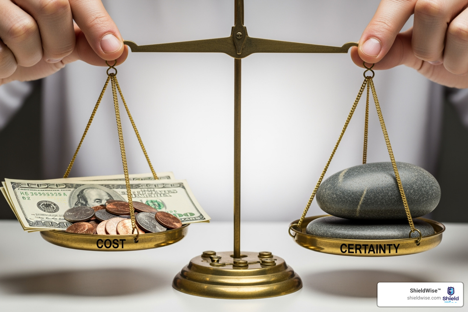 person weighing options on a scale labeled "Cost" and "Certainty" - burial insurance with no health questions