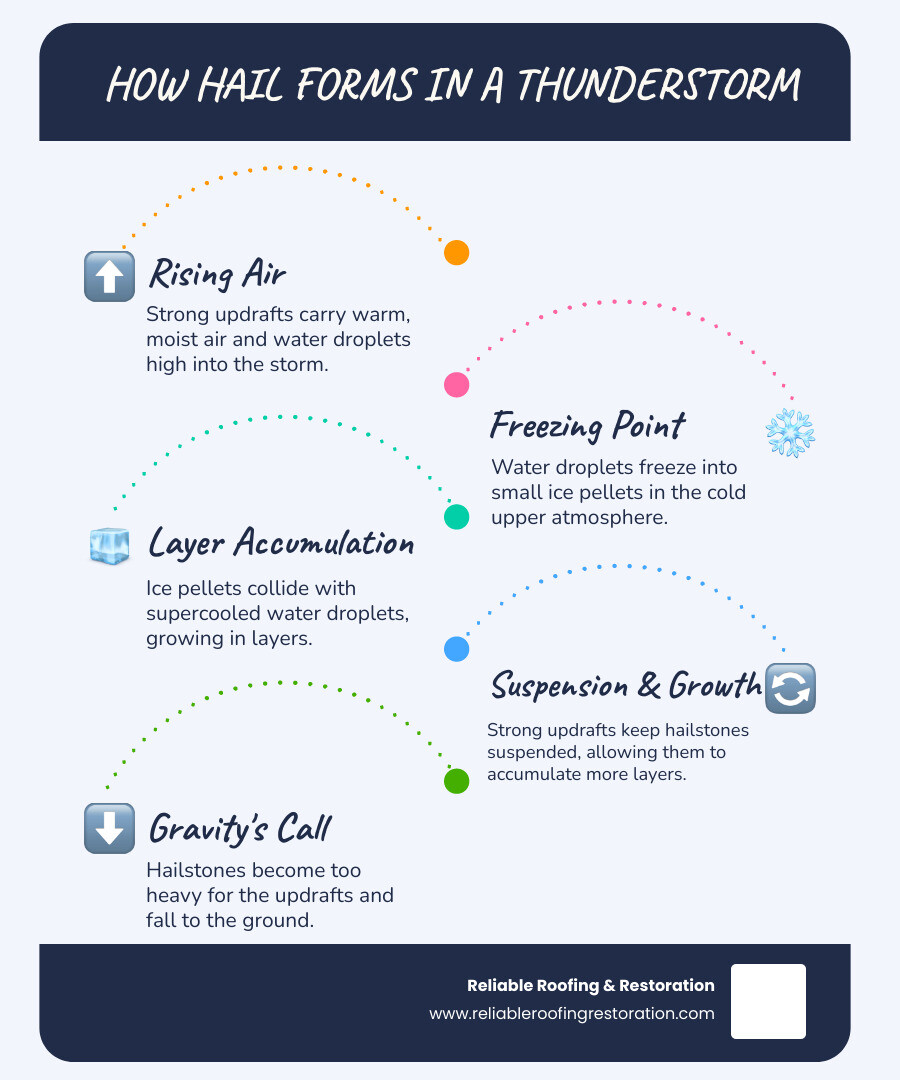 Infographic explaining how hail forms in a thunderstorm, showing updrafts and downdrafts, layers of ice accumulation, and how hailstones grow before falling to the ground - Sugar Land hail damage infographic infographic-line-5-steps-blues-accent_colors