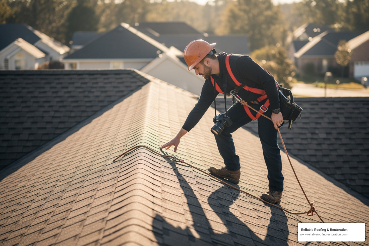 Roofer safely inspecting a roof - roof repair company houston
