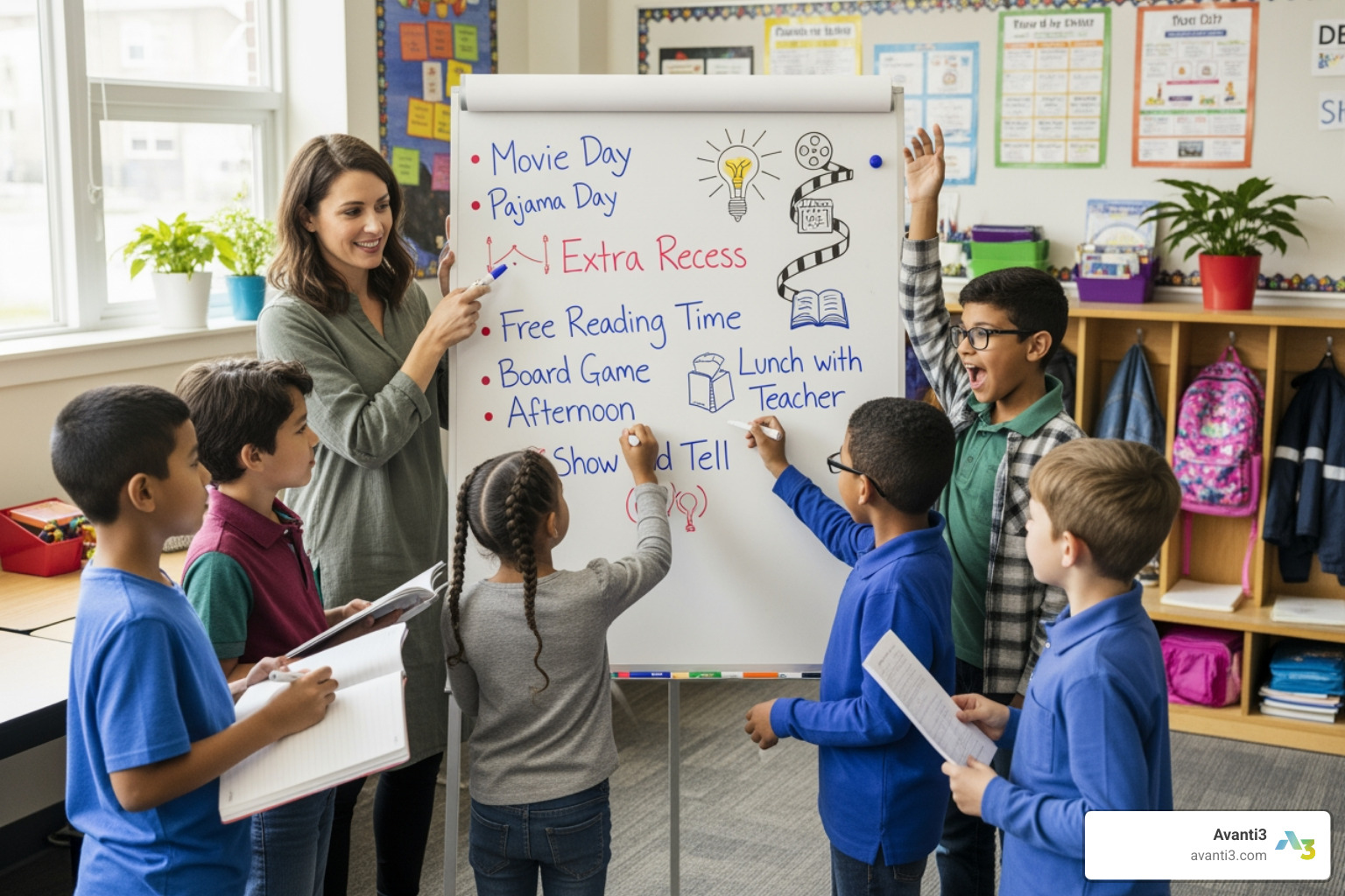 teacher and students collaborating on a whiteboard, brainstorming reward ideas - digital incentives for students