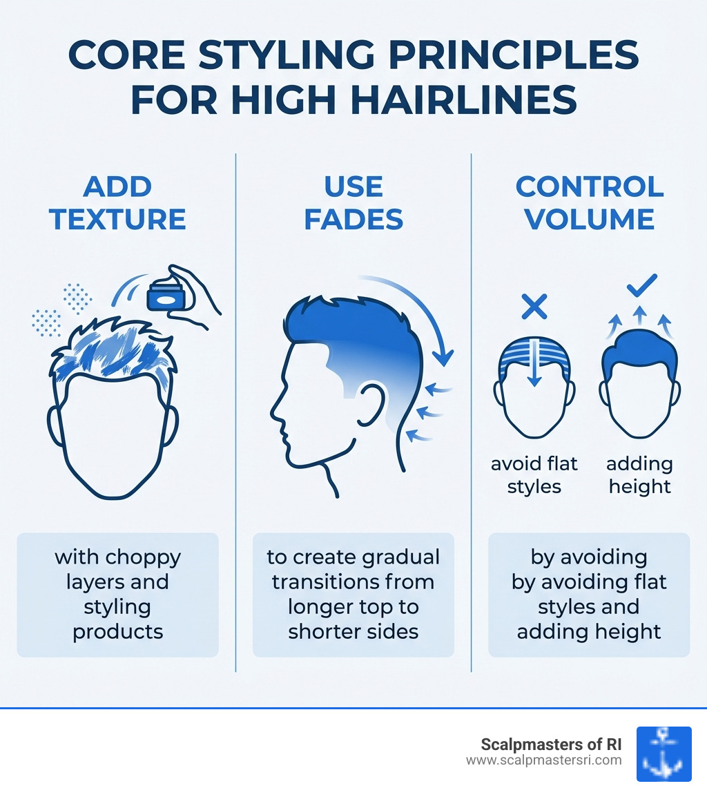 infographic showing three core styling principles for high hairlines: Add Texture with choppy layers and styling products, Use Fades to create gradual transitions from longer top to shorter sides, and Control Volume by avoiding flat styles and adding height - haircut high hairline infographic 