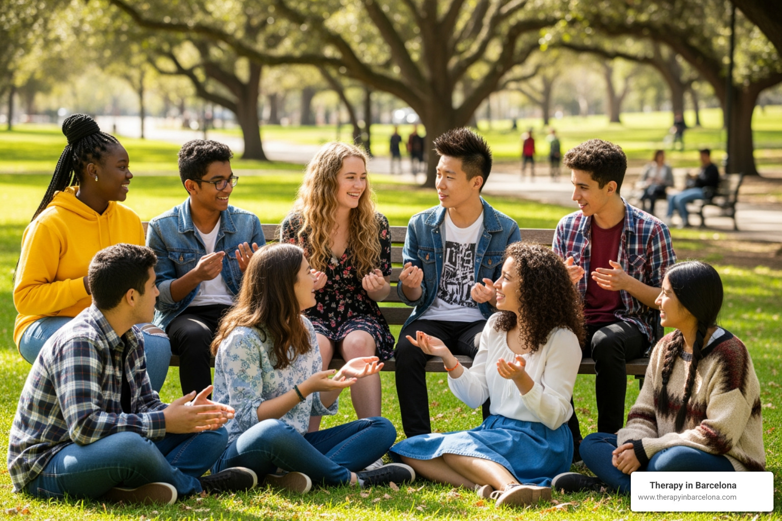 diverse group of teens having a conversation in a park in Valencia - therapeutic questions for teens