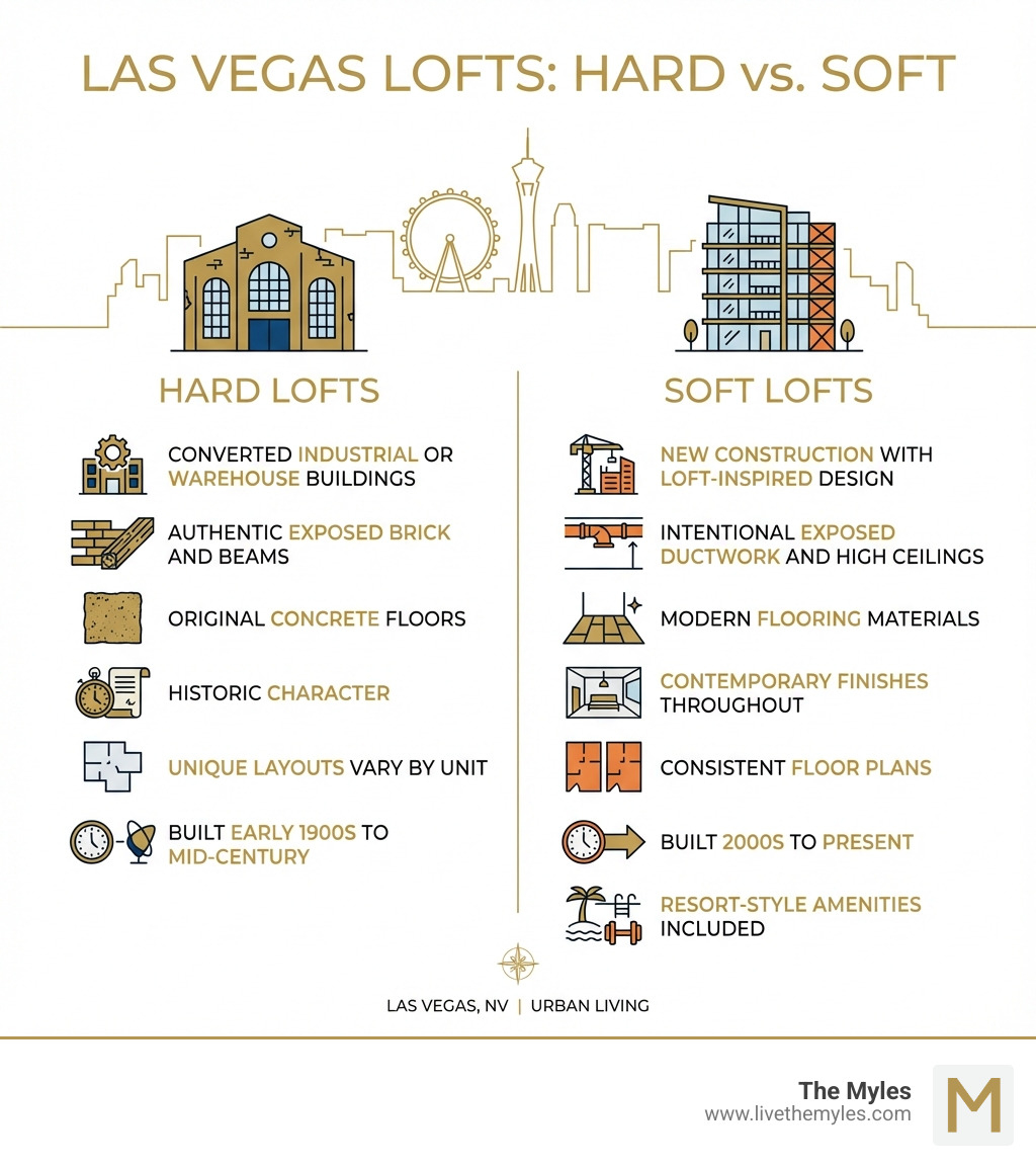 Infographic showing two columns comparing Hard Lofts versus Soft Lofts in Las Vegas. Hard Lofts column lists: Converted industrial or warehouse buildings, Authentic exposed brick and beams, Original concrete floors, Historic character, Unique layouts vary by unit, Built early 1900s to mid-century. Soft Lofts column lists: New construction with loft-inspired design, Intentional exposed ductwork and high ceilings, Modern flooring materials, Contemporary finishes throughout, Consistent floor plans, Built 2000s to present, Resort-style amenities included - Luxury lofts Las Vegas infographic Infographic showing two columns comparing Hard Lofts versus Soft Lofts in Las Vegas. Hard Lofts column lists: Converted industrial or warehouse buildings, Authentic exposed brick and beams, Original concrete floors, Historic character, Unique layouts vary by unit, Built early 1900s to mid-century. Soft Lofts column lists: New construction with loft-inspired design, Intentional exposed ductwork and high ceilings, Modern flooring materials, Contemporary finishes throughout, Consistent floor plans, Built 2000s to present, Resort-style amenities included - Luxury lofts Las Vegas infographic