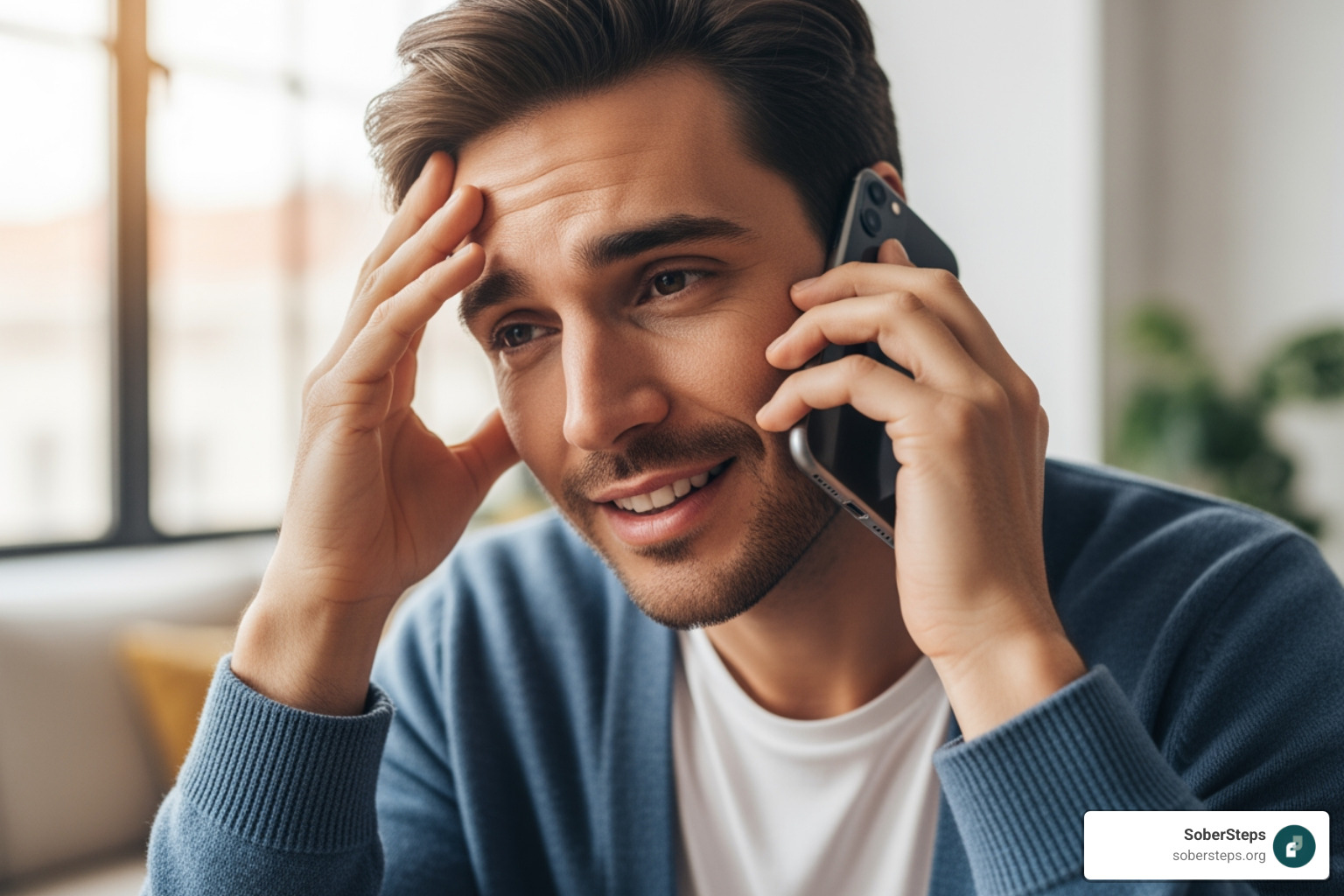of a person on the phone, looking relieved - free addiction help