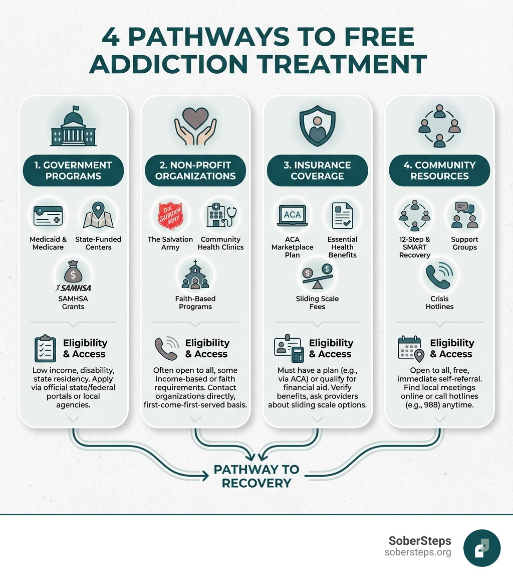 Infographic showing four main pathways to free addiction treatment: 1) Government Programs (Medicaid, Medicare, State-Funded Treatment Centers, SAMHSA Grants) 2) Non-Profit Organizations (The Salvation Army, Community Health Clinics, Faith-Based Programs) 3) Insurance Coverage (ACA Marketplace Plans, Essential Health Benefits, Sliding Scale Fees) 4) Community Resources (12-Step Programs, SMART Recovery, Support Groups, Crisis Hotlines). Each pathway includes icons and brief descriptions of eligibility and access methods. - free addiction help infographic 