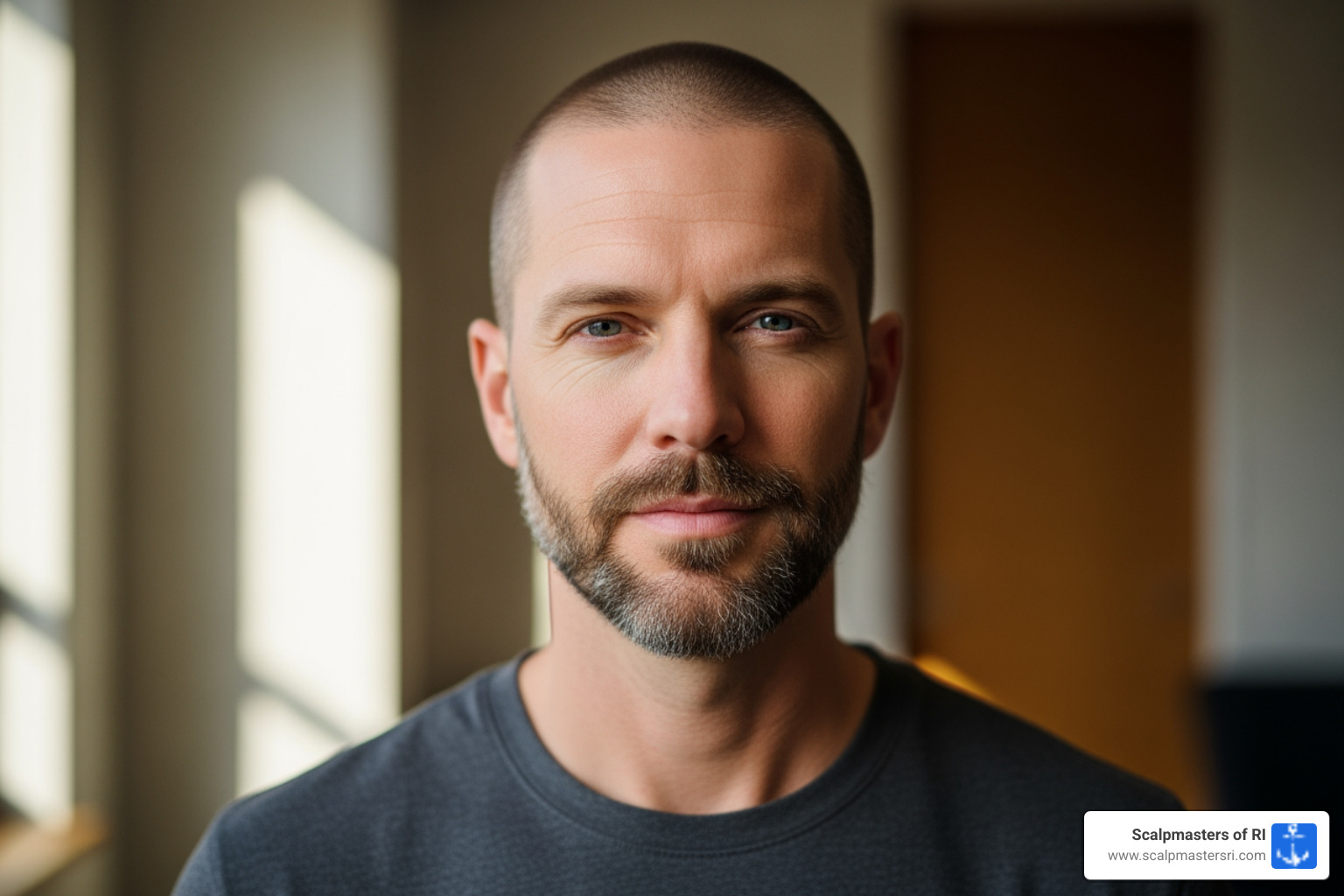 man with a clean buzz cut and a beard - high hairline cut man with a clean buzz cut and a beard - high hairline cut