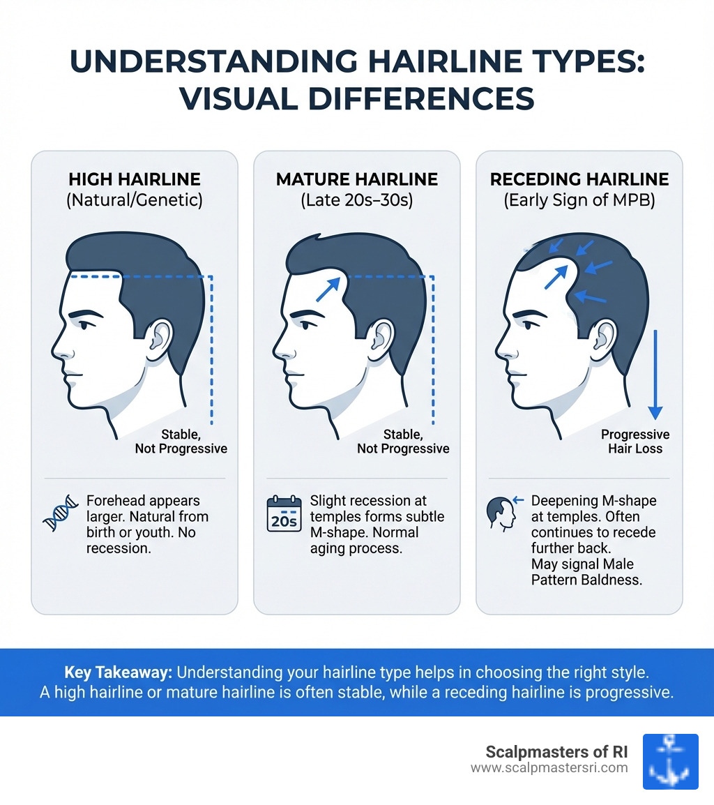 infographic showing the visual differences between a high hairline (natural or genetic, forehead appears larger but hairline is stable), a mature hairline (slight recession at temples forming a subtle M-shape, typically occurs in late 20s-30s, stable and not progressive), and a receding hairline (progressive hair loss with deepening M-shape at temples, often continues to recede further back, may be early sign of male pattern baldness) - high hairline cut infographic infographic showing the visual differences between a high hairline (natural or genetic, forehead appears larger but hairline is stable), a mature hairline (slight recession at temples forming a subtle M-shape, typically occurs in late 20s-30s, stable and not progressive), and a receding hairline (progressive hair loss with deepening M-shape at temples, often continues to recede further back, may be early sign of male pattern baldness) - high hairline cut infographic