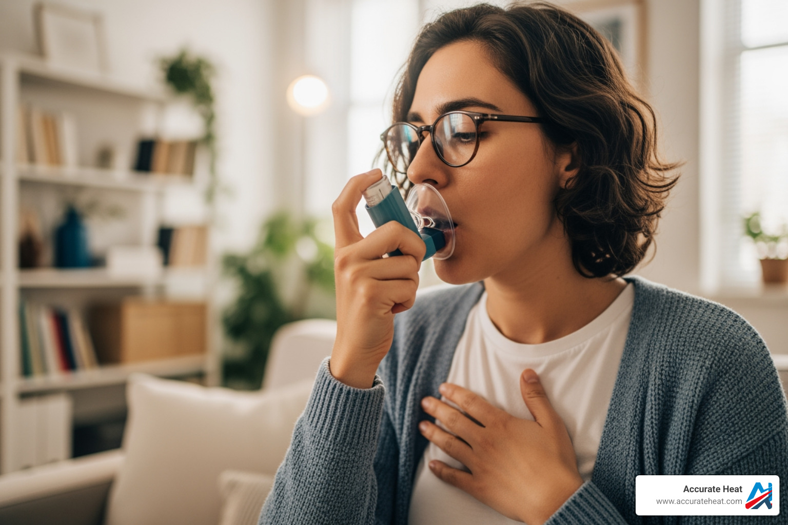 person using an asthma inhaler - indoor air quality