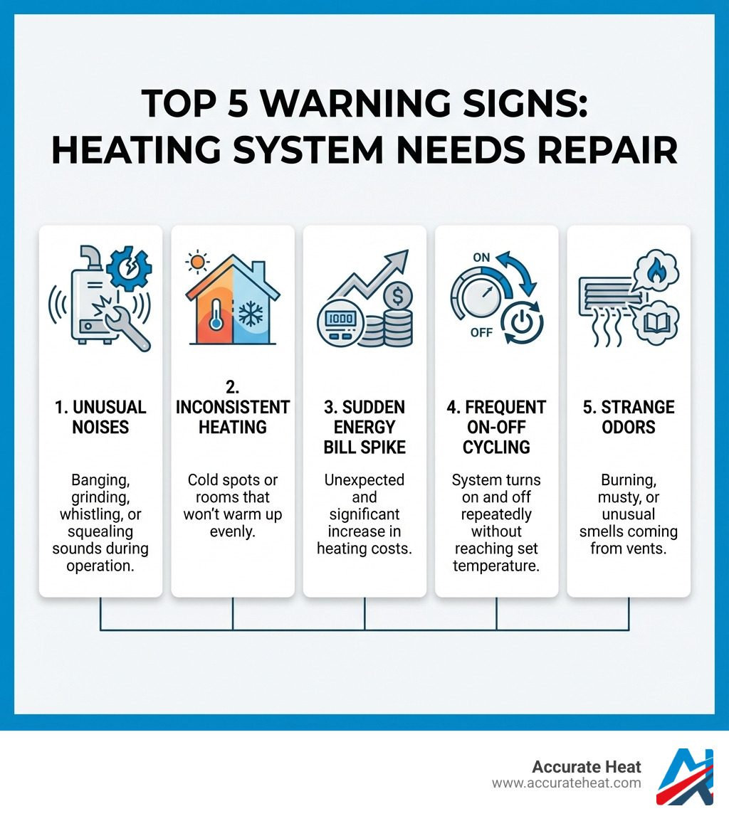 infographic showing top 5 warning signs a heating system needs repair: unusual noises like banging or grinding, inconsistent heating with cold spots in home, sudden spike in energy bills, frequent on-off cycling of system, and strange burning or musty odors - repair heating system infographic 