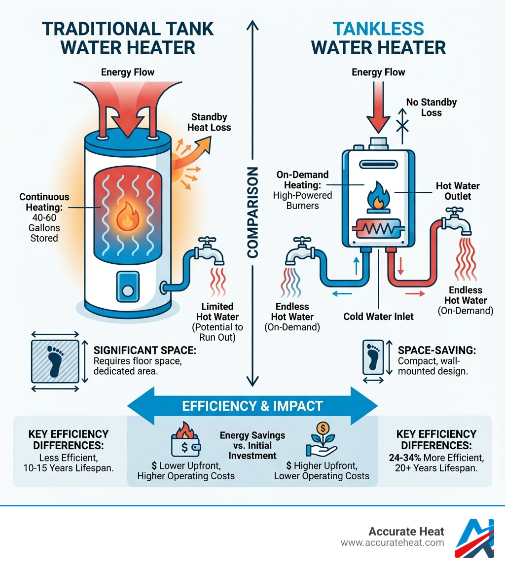 Infographic comparing traditional tank water heaters with a storage tank that continuously heats 40-60 gallons versus tankless water heaters with a compact wall-mounted unit that heats water on-demand using high-powered burners, showing energy flow, space requirements, and key efficiency differences - are tankless water heaters better infographic Infographic comparing traditional tank water heaters with a storage tank that continuously heats 40-60 gallons versus tankless water heaters with a compact wall-mounted unit that heats water on-demand using high-powered burners, showing energy flow, space requirements, and key efficiency differences - are tankless water heaters better infographic