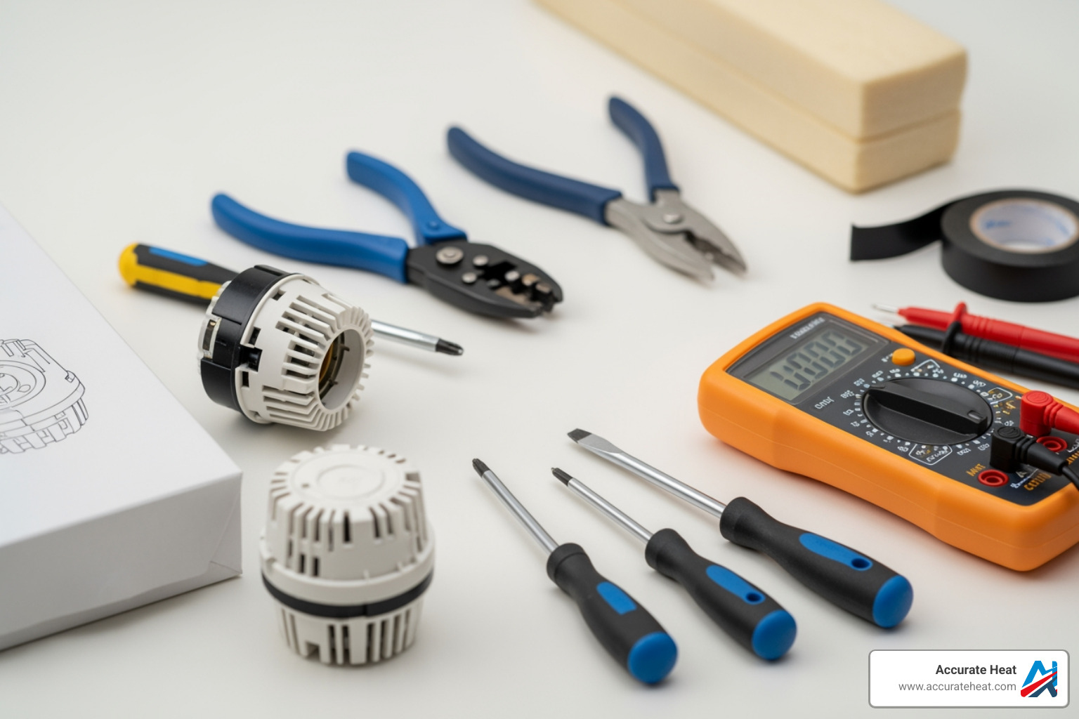 Tools and materials needed for a water heater thermostat replacement laid out neatly - thermostat water heater replacement