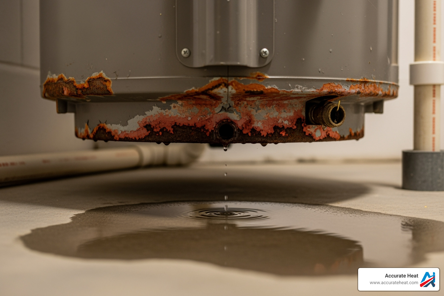 Corroded water heater tank base with a small leak - hot water unit replacement